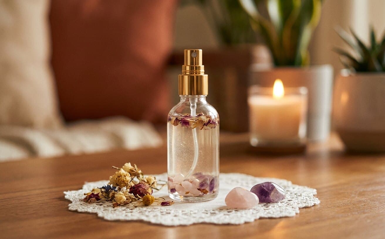 Auraspray in einer Glas-Sprühflasche mit goldenem Zerstäuber, mit Rosenquarz, Amethyst und getrockneten Blüten