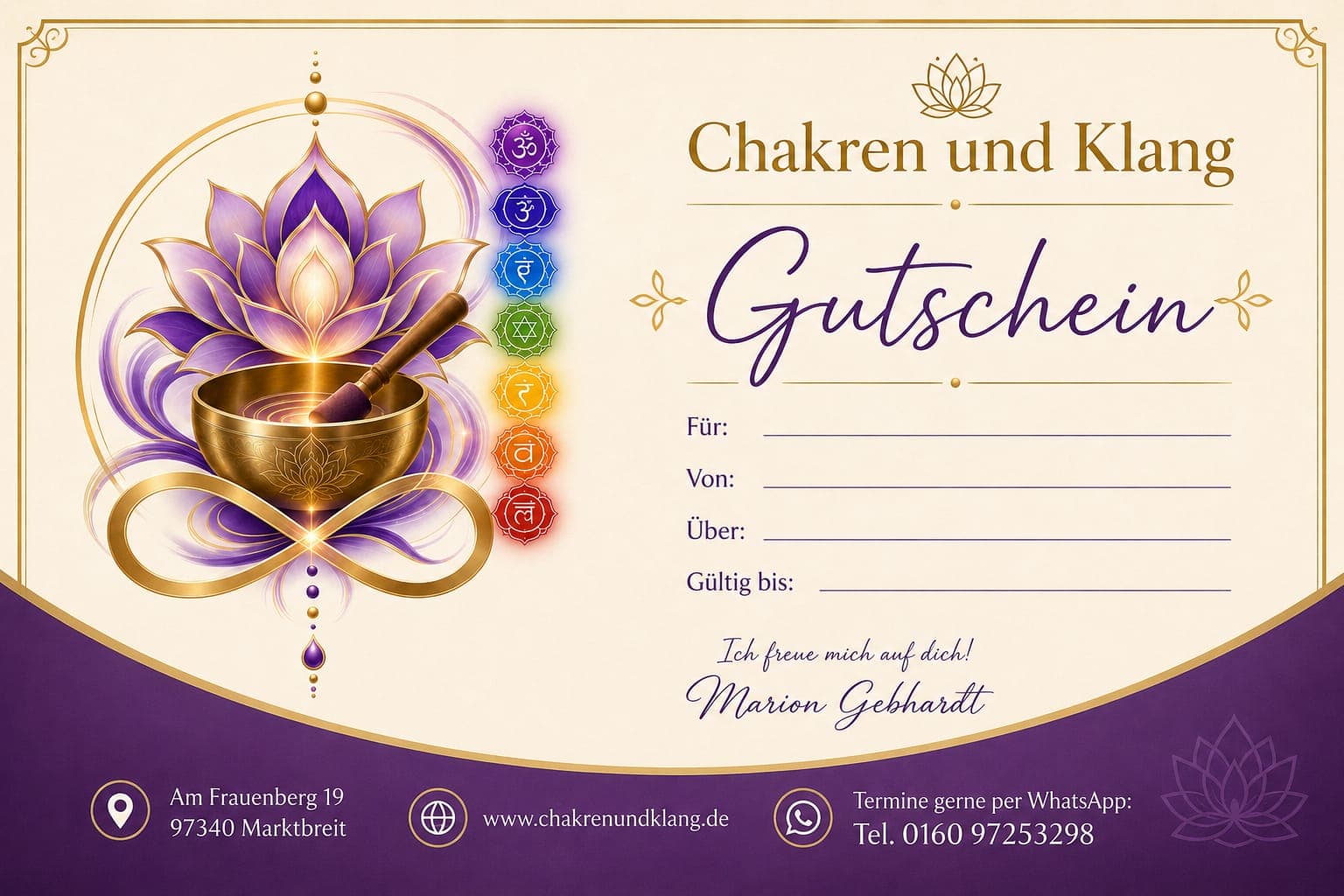 Gutschein von Chakren und Klang mit Klangschale, Lotusblüte und den sieben Chakren
