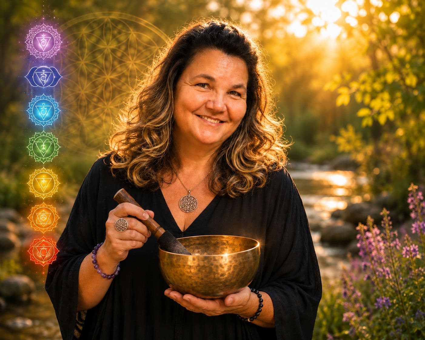 Marion Gebhardt mit Klangschale am Ufer